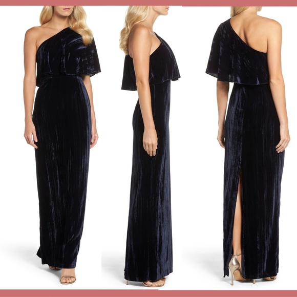 NEW $219 Adrianna Papell One-Shoulder Velvet Gown in Navy Blue [SZ 6 ]‎ - Picture 1 of 8